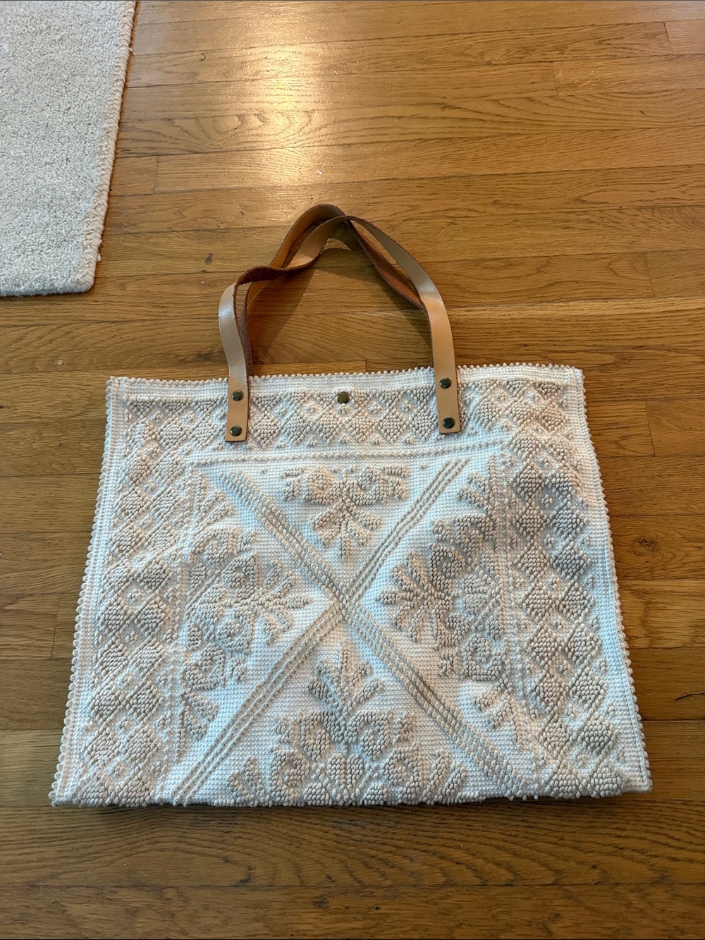 Woven Cream Floral Tote Bag with Tan Leather Handles